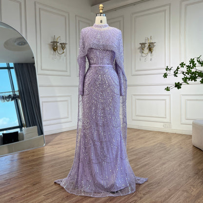 Elegant Modest Beaded Evening Dress with Detachable Cape LA72032M