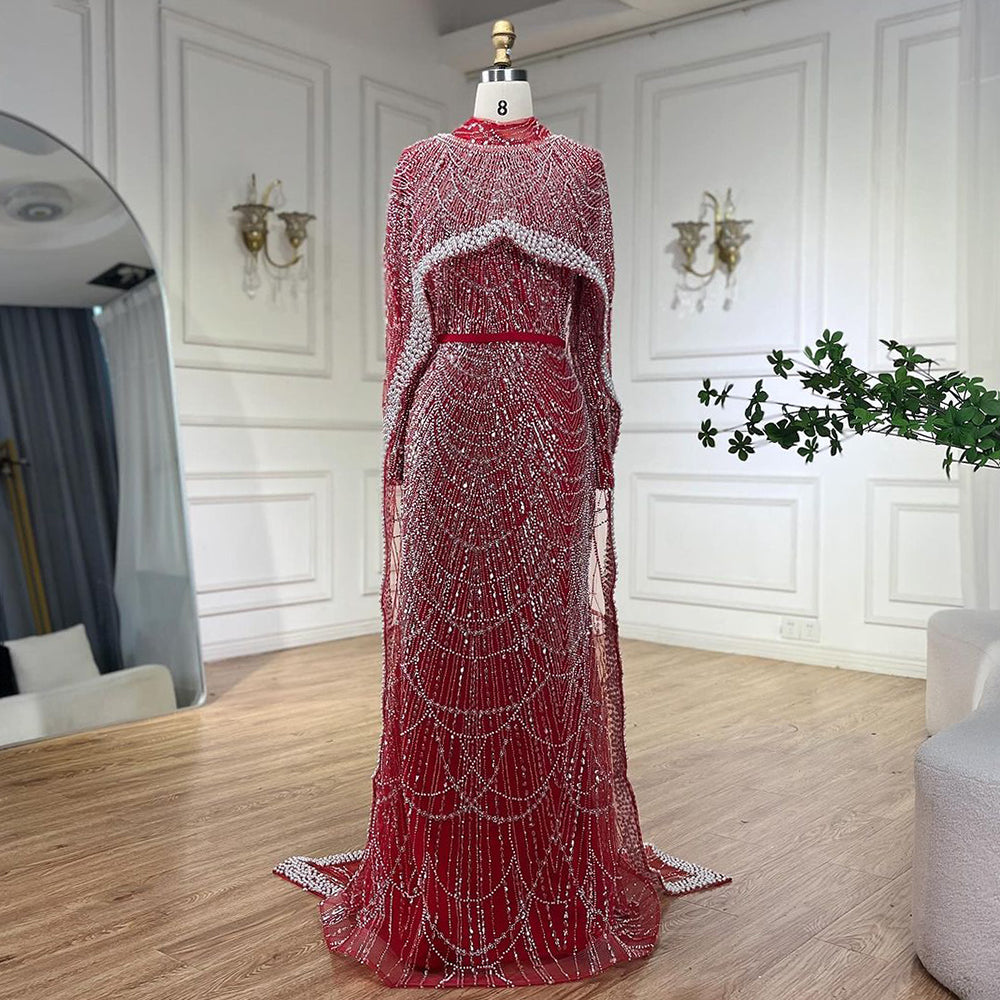 Elegant Modest Beaded Evening Dress with Detachable Cape LA72032M