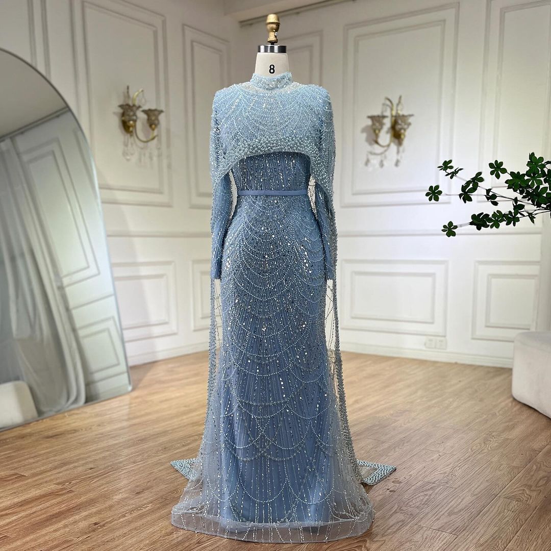 Elegant Modest Beaded Evening Dress with Detachable Cape LA72032M