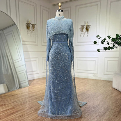 Elegant Modest Beaded Evening Dress with Detachable Cape LA72032M