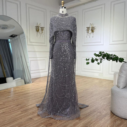 Elegant Modest Beaded Evening Dress with Detachable Cape LA72032M