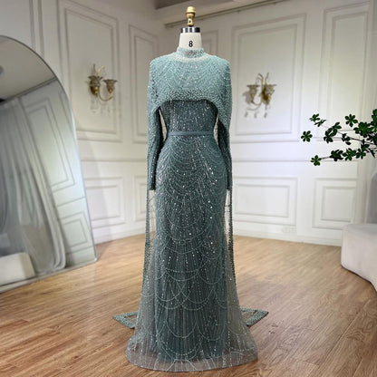 Elegant Modest Beaded Evening Dress with Detachable Cape LA72032M