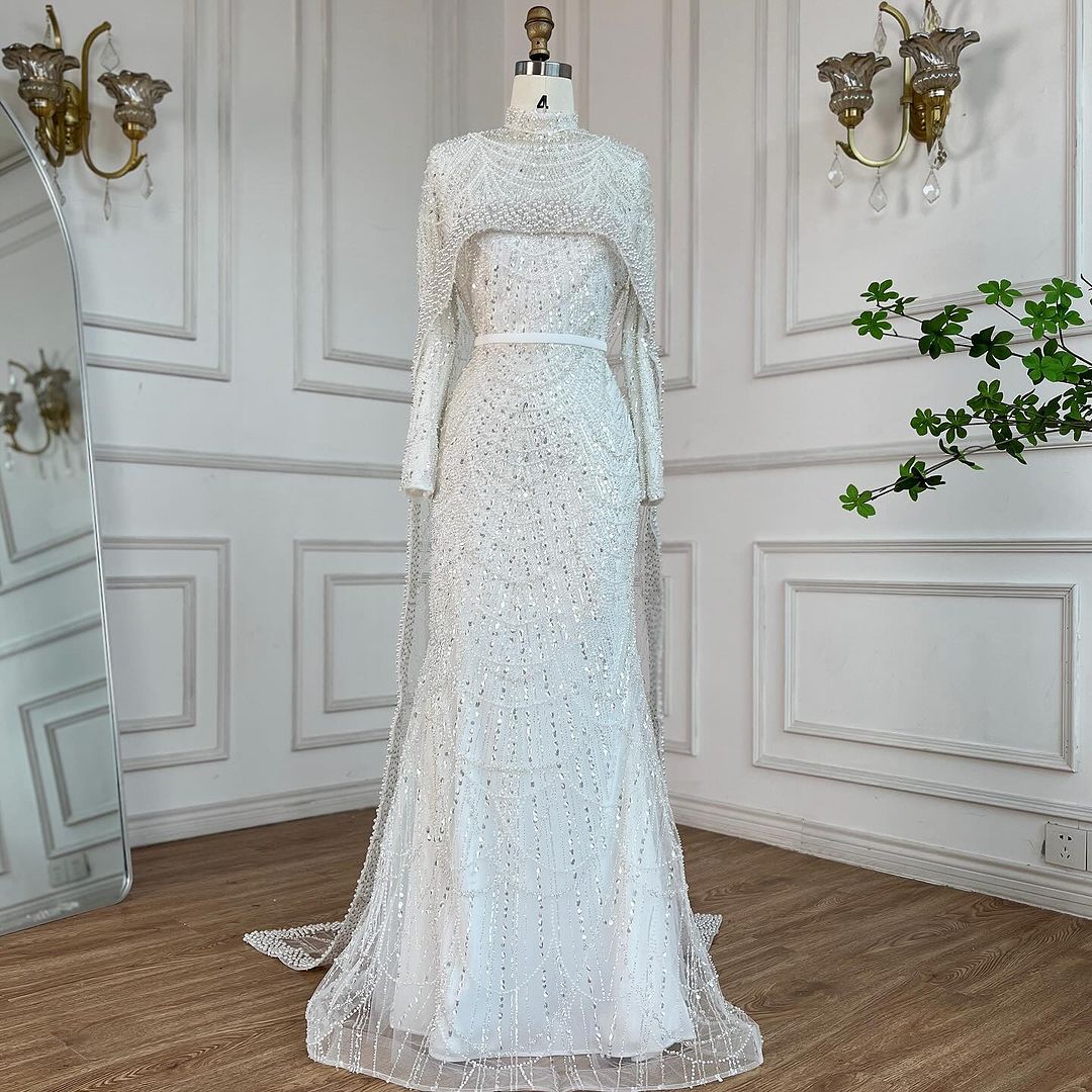 Elegant Modest Beaded Evening Dress with Detachable Cape LA72032M