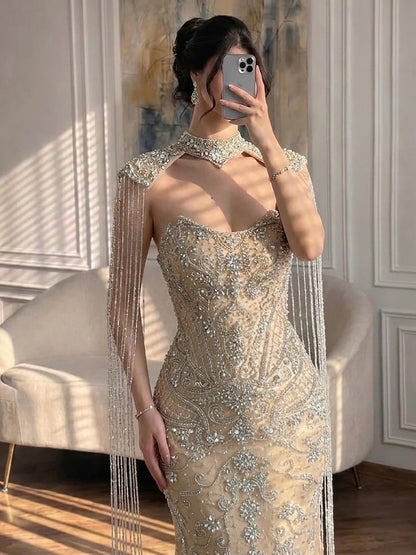Luxury Nude Beaded Mermaid Evening Dress with Detachable Tassel Cape LA72237