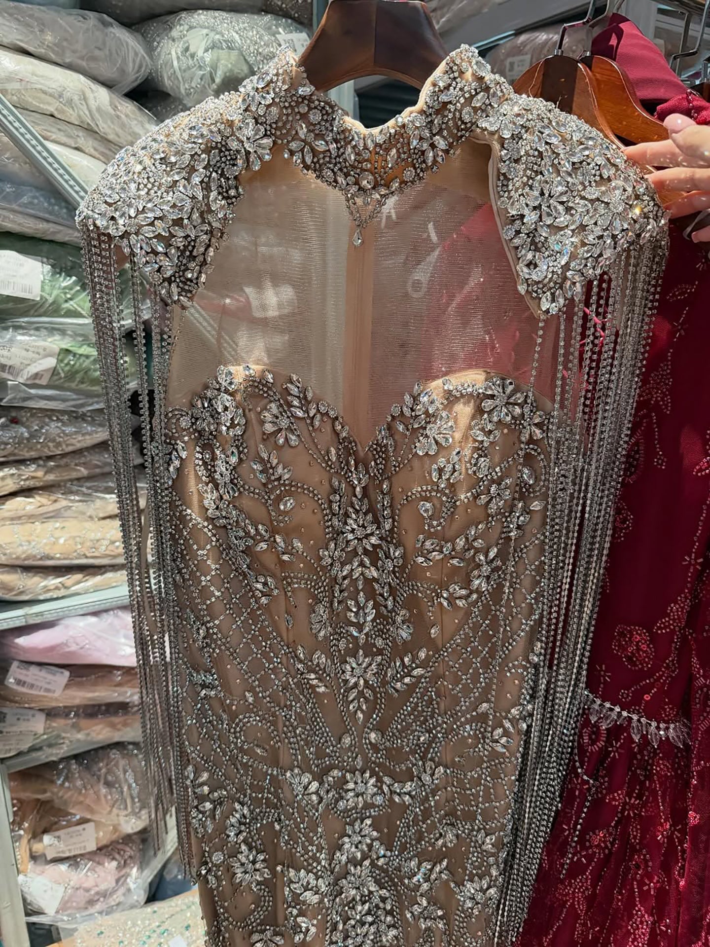 Dubai Caramel Mermaid Tassel Beaded Evening Dress with Cape LA72237A