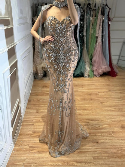 Dubai Caramel Mermaid Tassel Beaded Evening Dress with Cape LA72237A