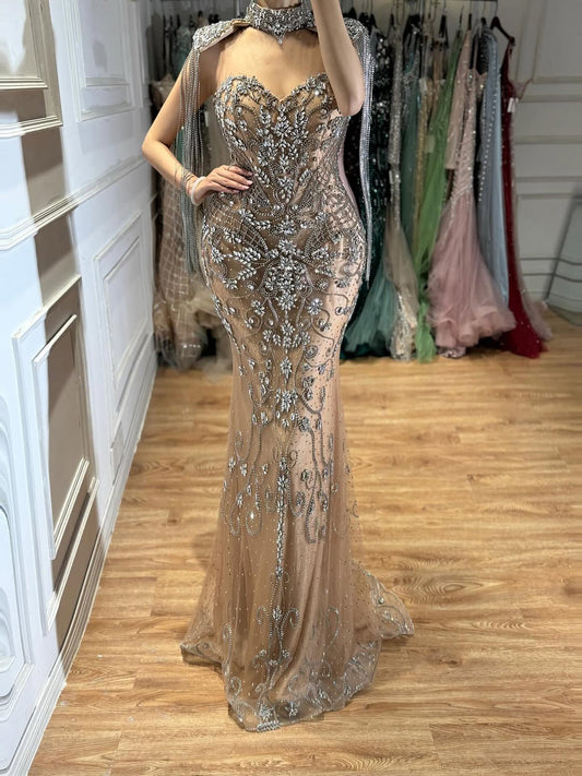 Dubai Caramel Mermaid Tassel Beaded Evening Dress with Cape LA72237A