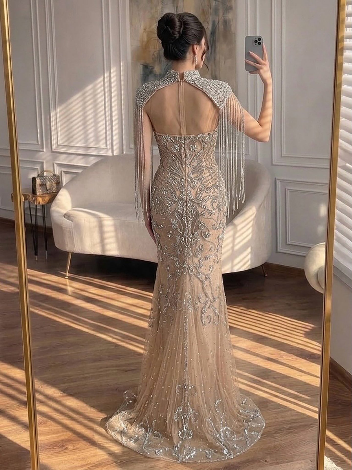 Dubai Caramel Mermaid Tassel Beaded Evening Dress with Cape LA72237A