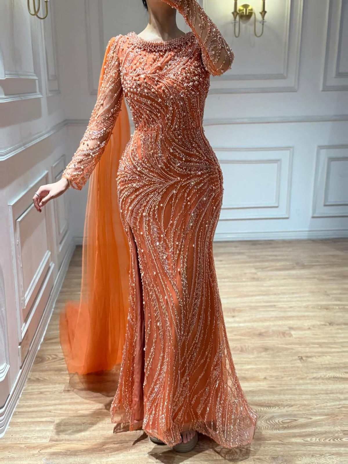 Orange Beaded Mermaid Long Sleeve Evening Dress with Slit LA72268A