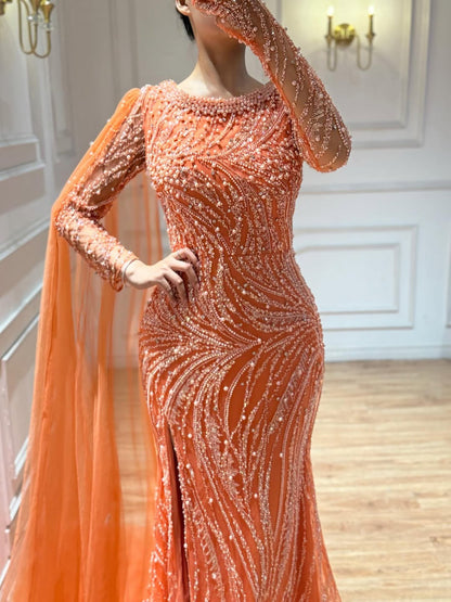 Orange Beaded Mermaid Long Sleeve Evening Dress with Slit LA72268A