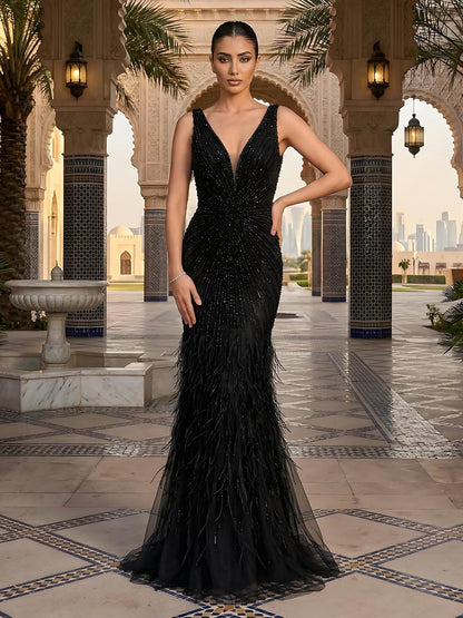 Black Straps Beaded Feather Mermaid Evening Dress LA72525