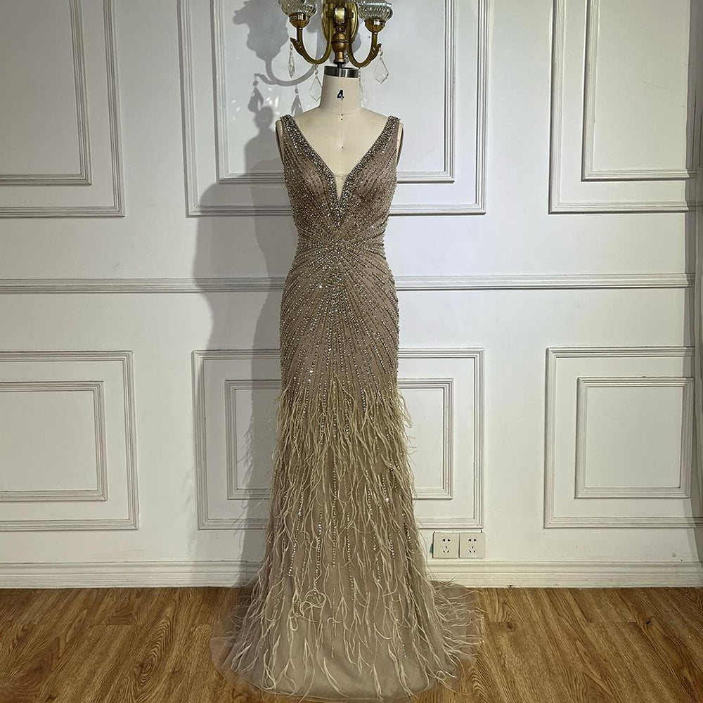 Black Straps Beaded Feather Mermaid Evening Dress LA72525