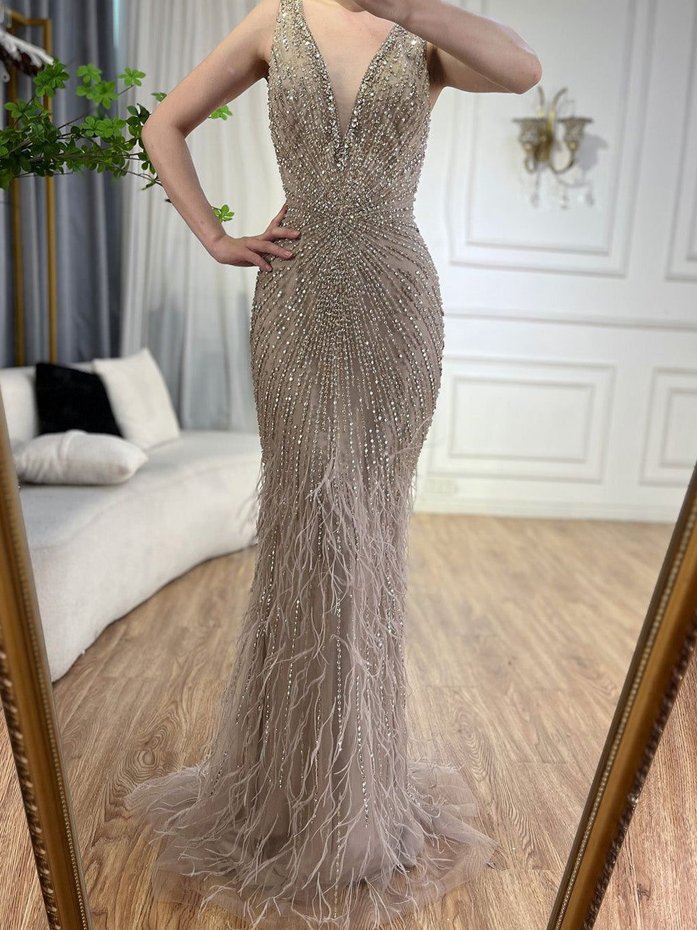 Black Straps Beaded Feather Mermaid Evening Dress LA72525