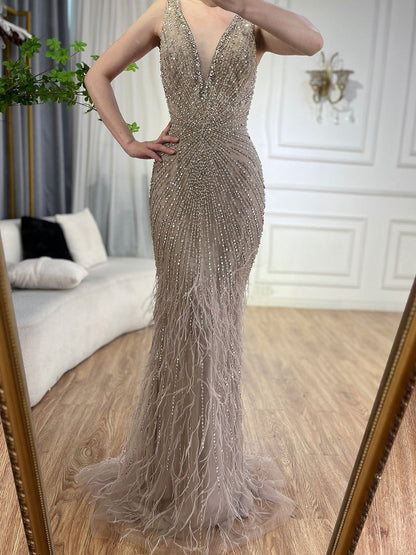 Black Straps Beaded Feather Mermaid Evening Dress LA72525