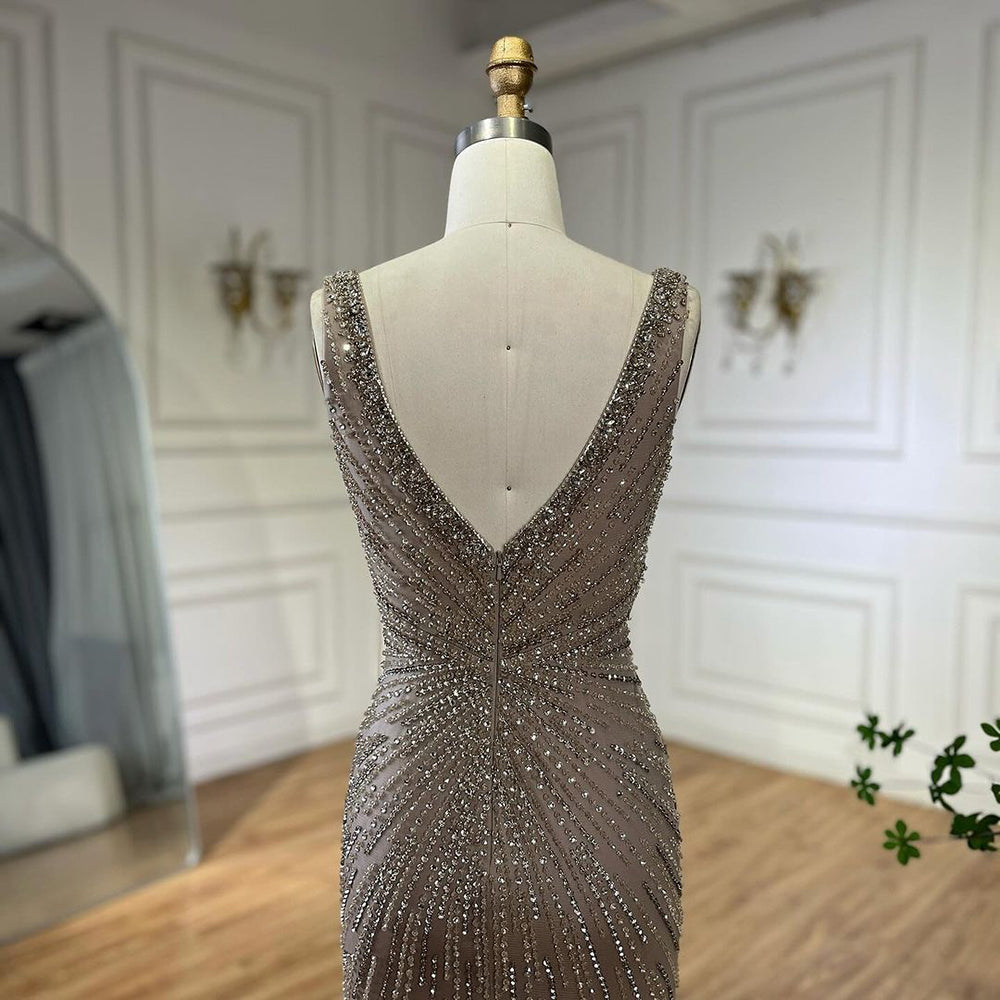 Black Straps Beaded Feather Mermaid Evening Dress LA72525