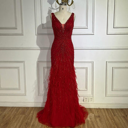 Black Straps Beaded Feather Mermaid Evening Dress LA72525