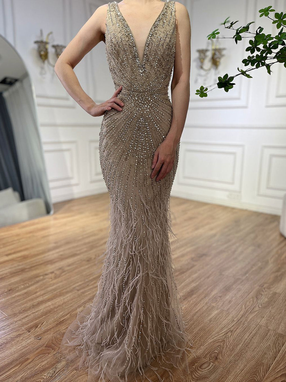 Black Straps Beaded Feather Mermaid Evening Dress LA72525