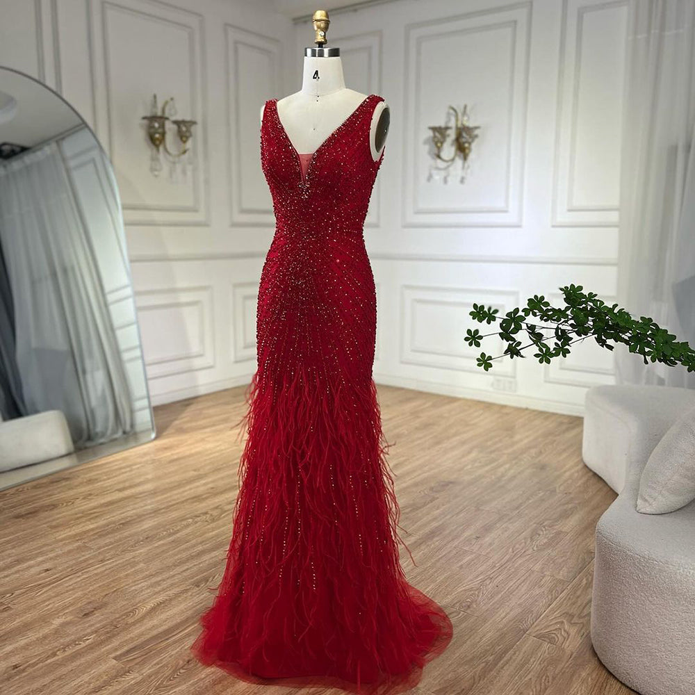 Black Straps Beaded Feather Mermaid Evening Dress LA72525