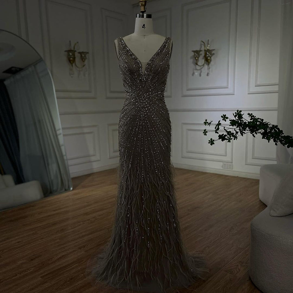 Black Straps Beaded Feather Mermaid Evening Dress LA72525