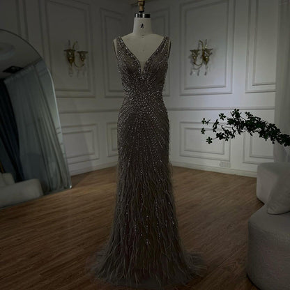 Black Straps Beaded Feather Mermaid Evening Dress LA72525