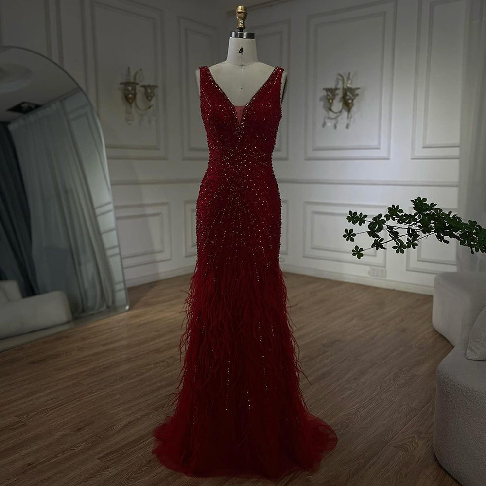 Black Straps Beaded Feather Mermaid Evening Dress LA72525