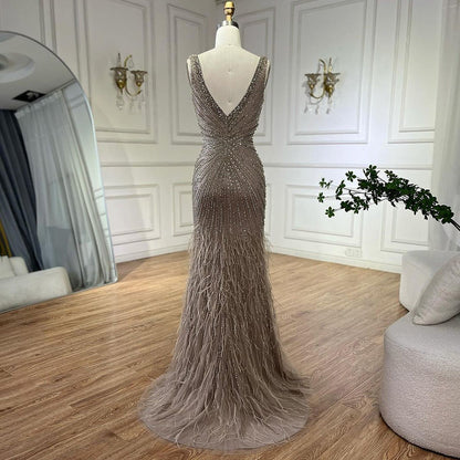Black Straps Beaded Feather Mermaid Evening Dress LA72525