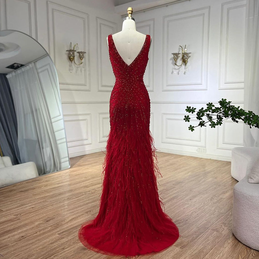 Black Straps Beaded Feather Mermaid Evening Dress LA72525
