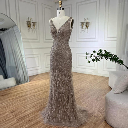 Black Straps Beaded Feather Mermaid Evening Dress LA72525