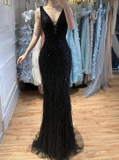 Black Straps Beaded Feather Mermaid Evening Dress LA72525