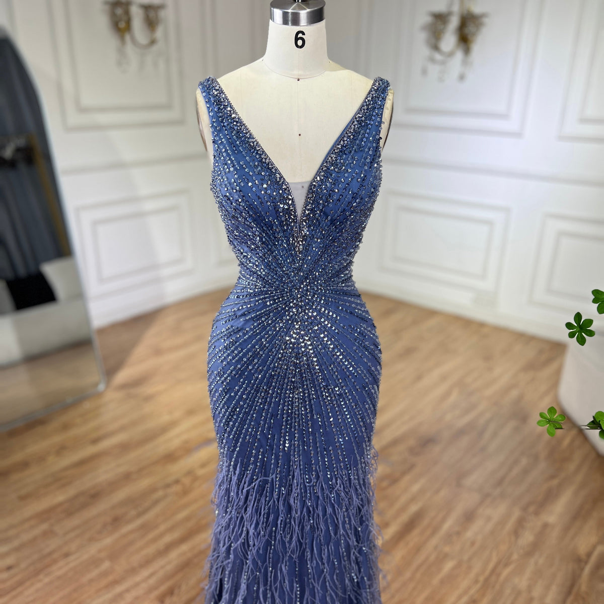 Black Straps Beaded Feather Mermaid Evening Dress LA72525