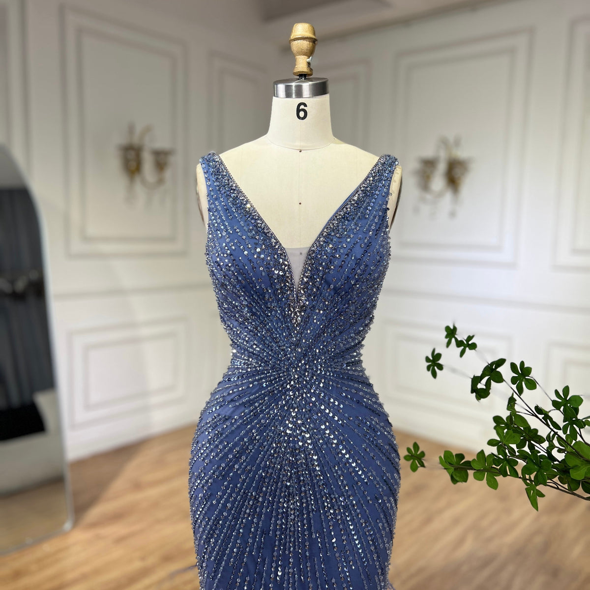 Black Straps Beaded Feather Mermaid Evening Dress LA72525