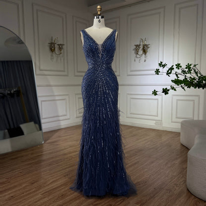 Black Straps Beaded Feather Mermaid Evening Dress LA72525