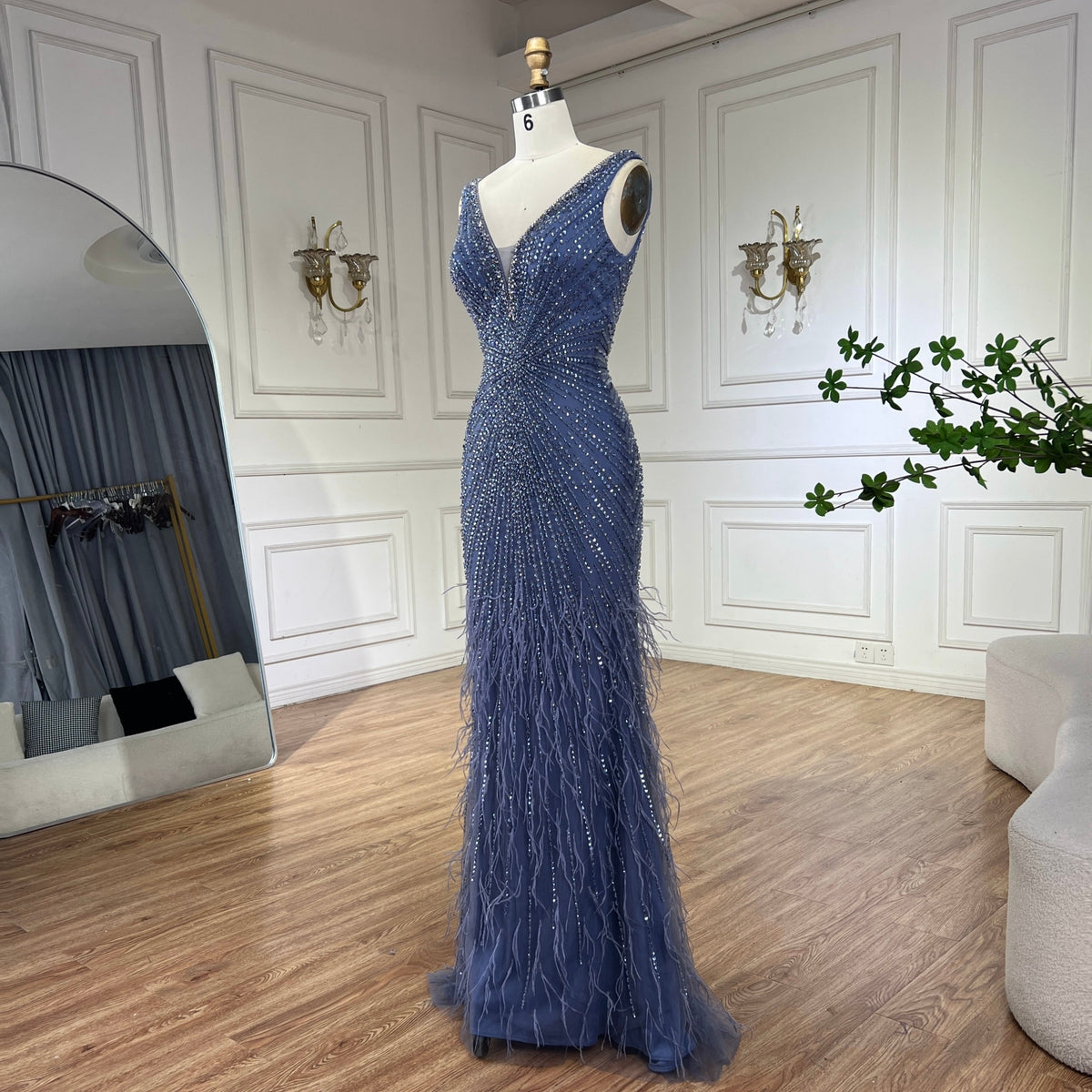 Black Straps Beaded Feather Mermaid Evening Dress LA72525