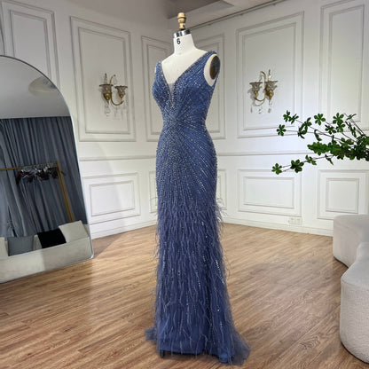 Black Straps Beaded Feather Mermaid Evening Dress LA72525