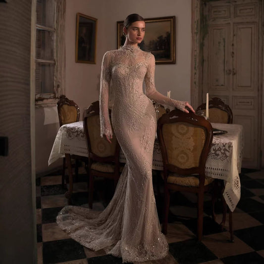 Modest Nude Beaded Lace Long Sleeve Mermaid Evening Dress LA72545A