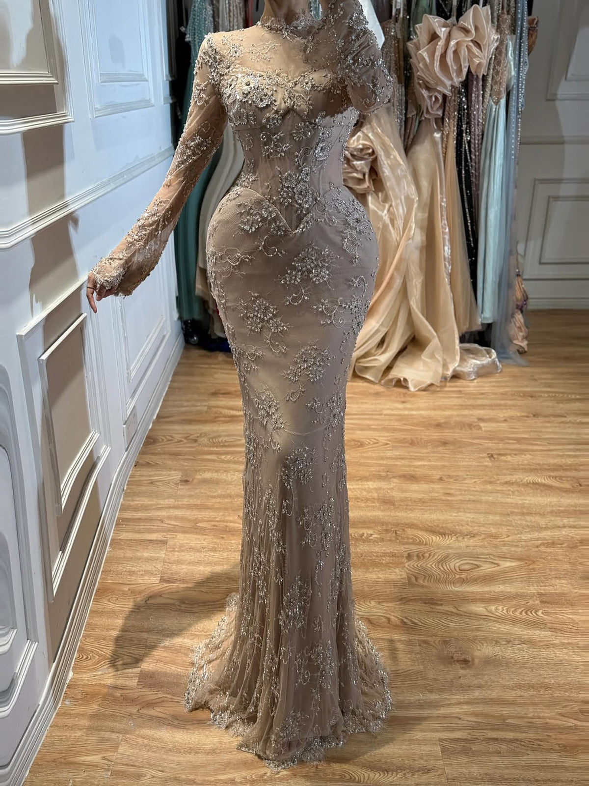 Modest Nude Beaded Lace Long Sleeve Mermaid Evening Dress LA72545A