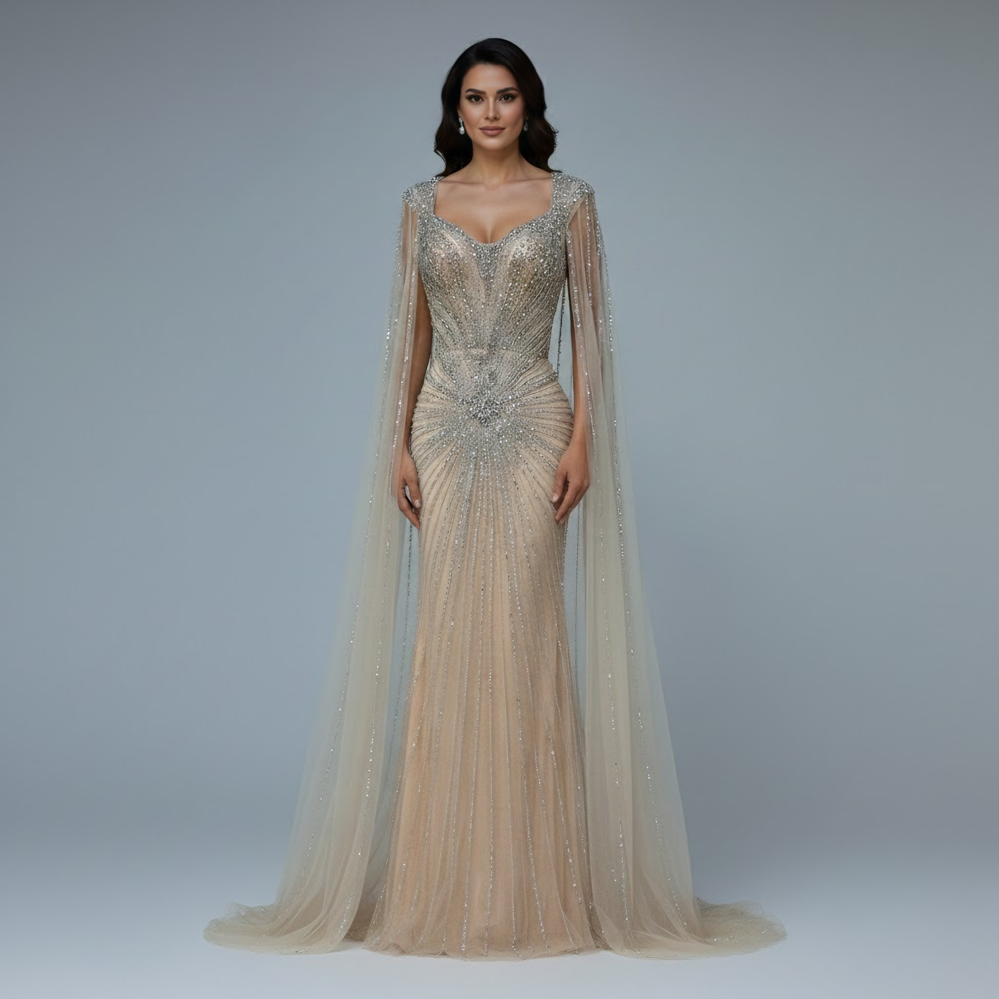 Dubai Pink Cape Sleeves Beaded Evening Dress Formal LA72575A