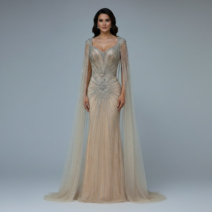 Dubai Pink Cape Sleeves Beaded Evening Dress Formal LA72575A