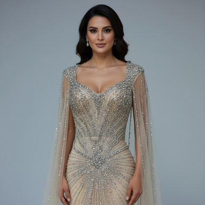 Dubai Pink Cape Sleeves Beaded Evening Dress Formal LA72575A