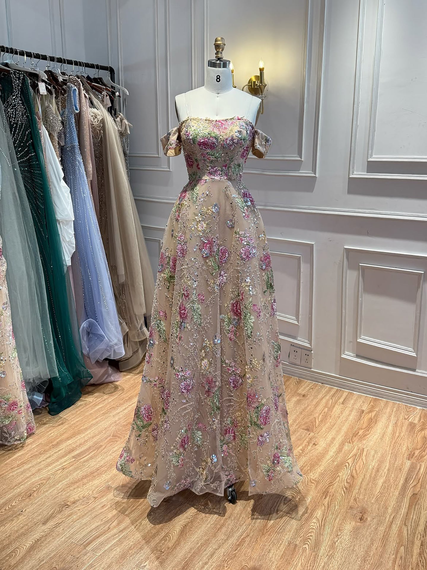Luxury Nude Pink Off The Shoulder Floral Beaded A Line Dress LA72709A