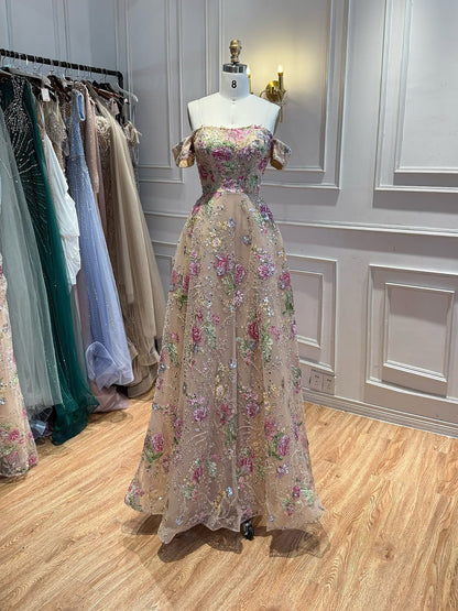 Luxury Nude Pink Off The Shoulder Floral Beaded A Line Dress LA72709A