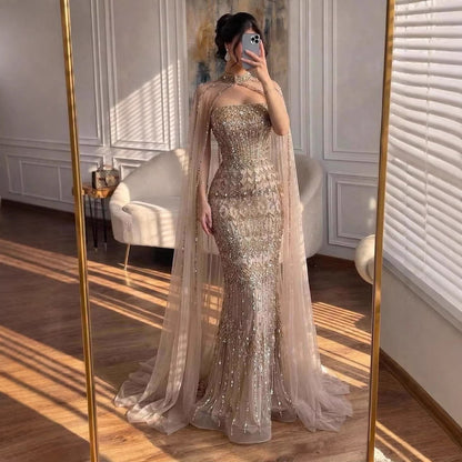 Luxury Turquoise Beaded Evening Dress with Detachable Cape LA72714B