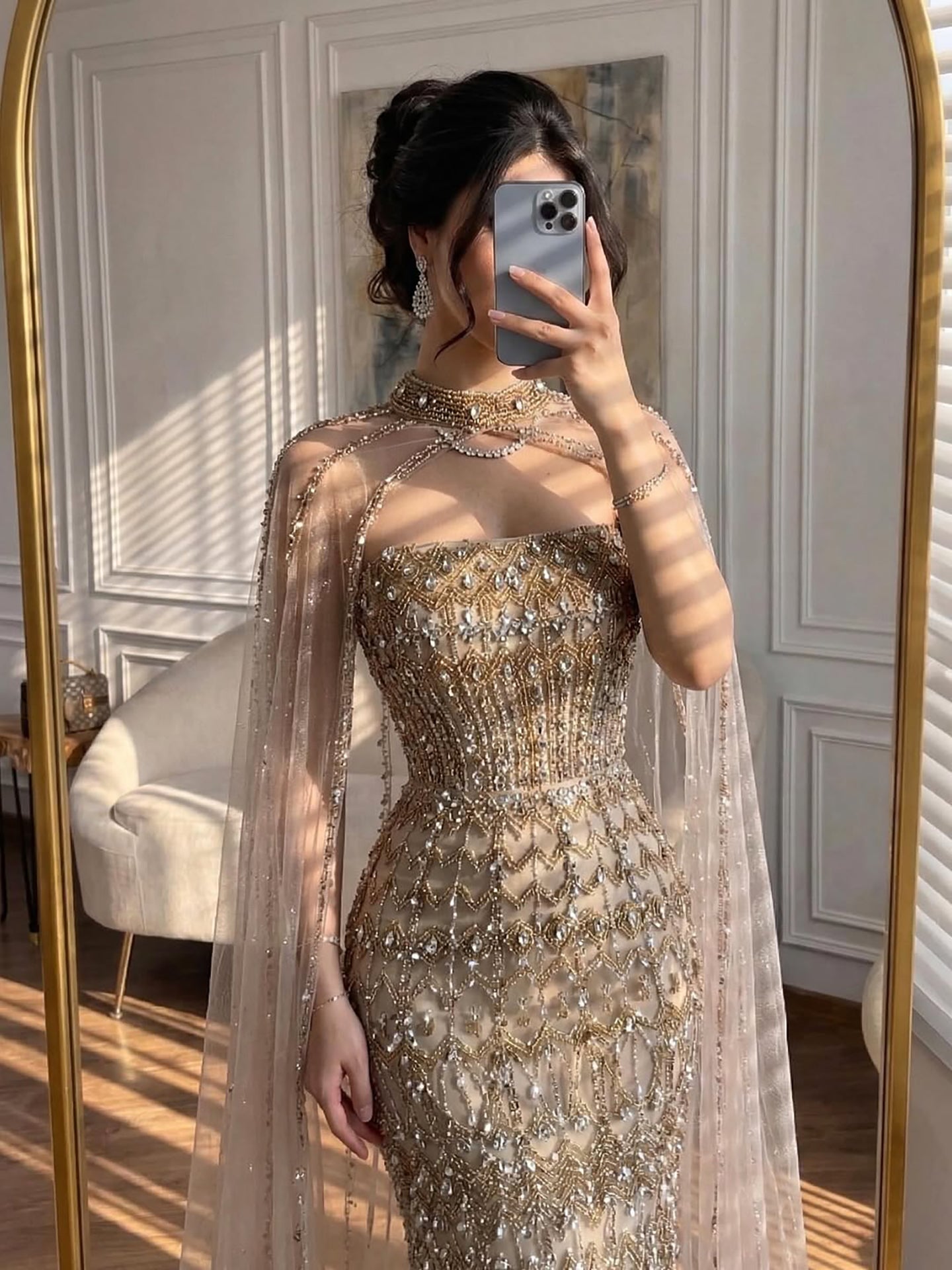 Luxury Turquoise Beaded Evening Dress with Detachable Cape LA72714B