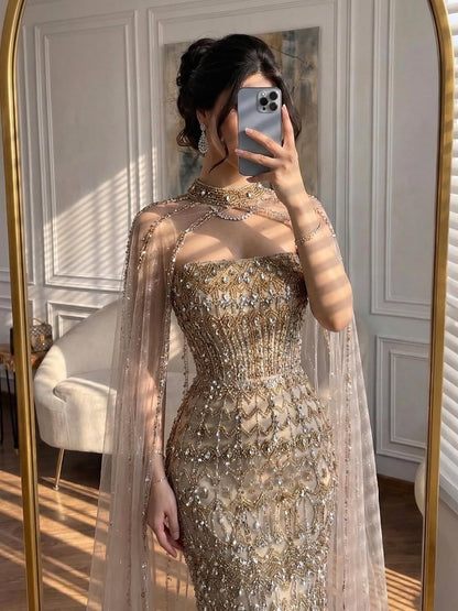 Luxury Turquoise Beaded Evening Dress with Detachable Cape LA72714B