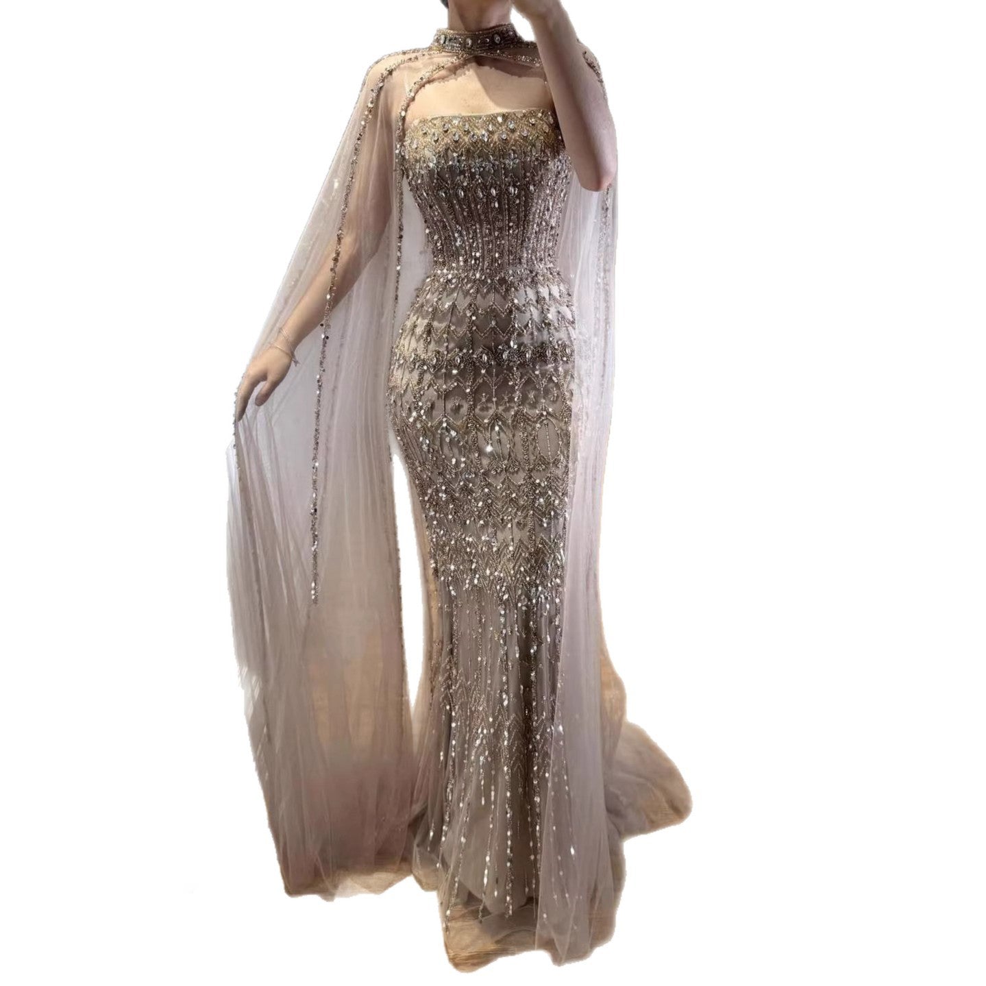 Luxury Turquoise Beaded Evening Dress with Detachable Cape LA72714B