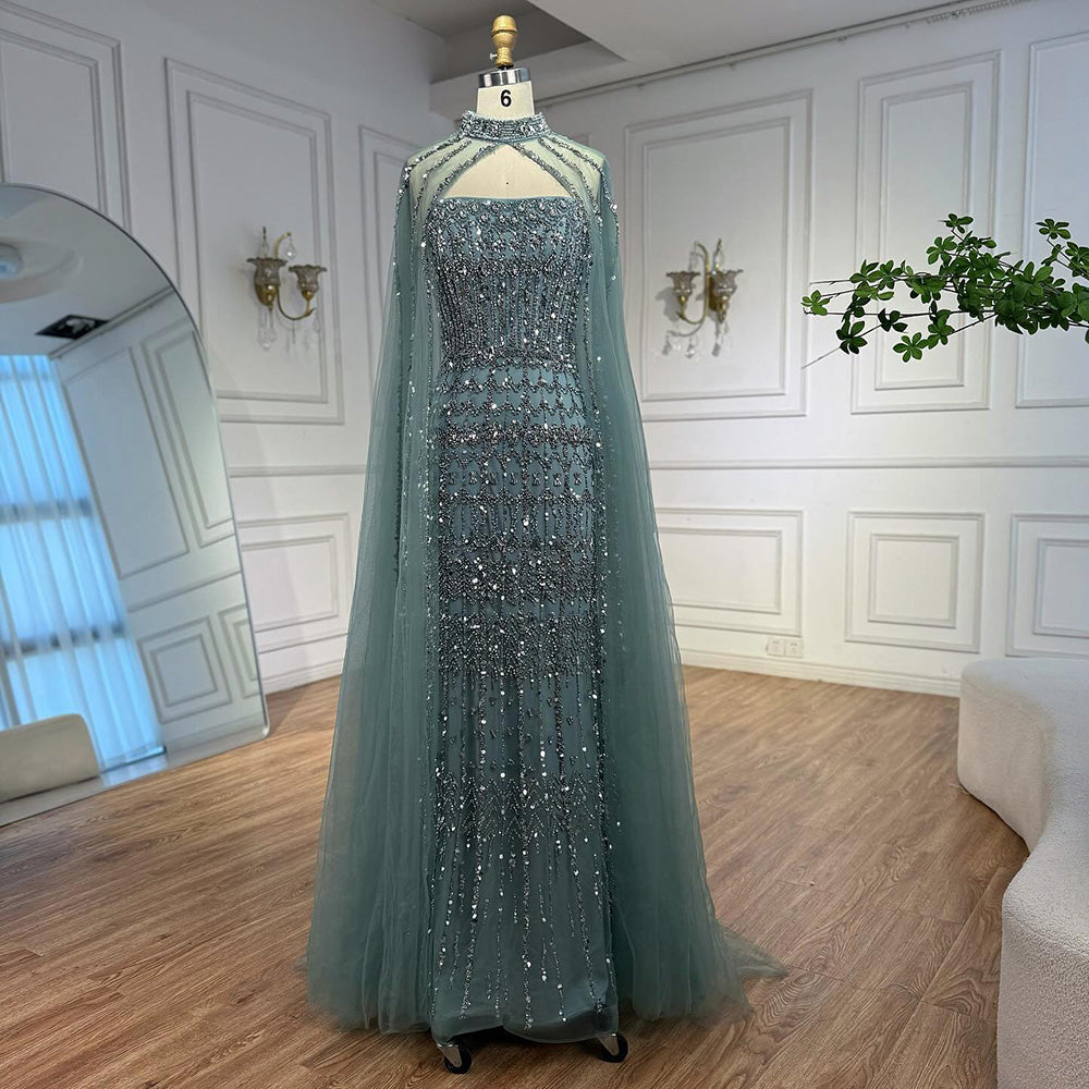 Luxury Turquoise Beaded Evening Dress with Detachable Cape LA72714B