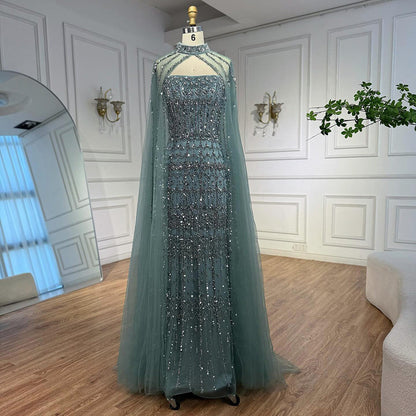 Luxury Turquoise Beaded Evening Dress with Detachable Cape LA72714B