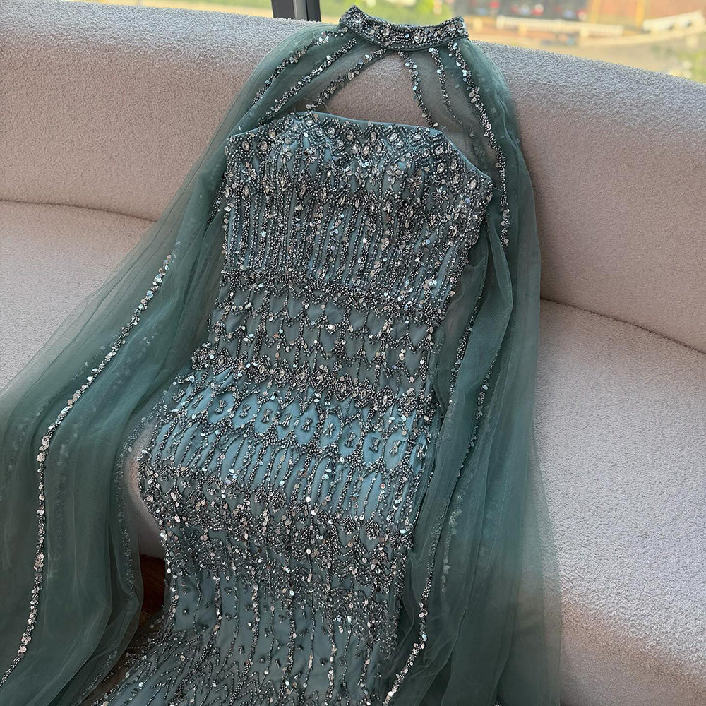 Luxury Turquoise Beaded Evening Dress with Detachable Cape LA72714B