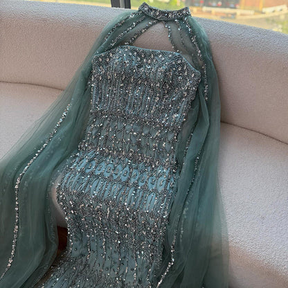 Luxury Turquoise Beaded Evening Dress with Detachable Cape LA72714B