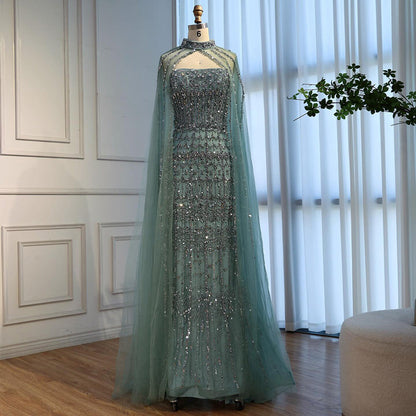 Luxury Turquoise Beaded Evening Dress with Detachable Cape LA72714B